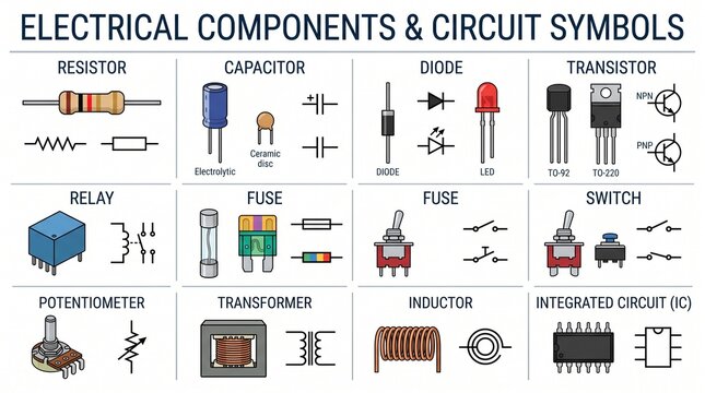 Collection of electronic components and circuit symbols displayed on a white background