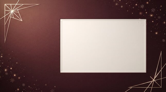 Geometric gold lines and sparkling stars on a burgundy background with a blank white rectangle