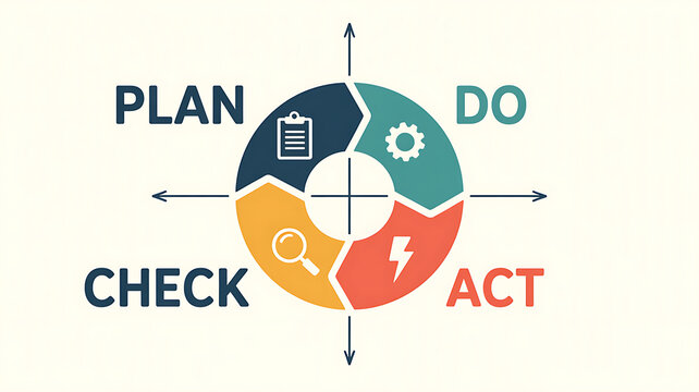 A circular pdca cycle diagram featuring four quadrants labeled plan, do, check, and act, with corresponding icons for each step, set against a light background, for business process management