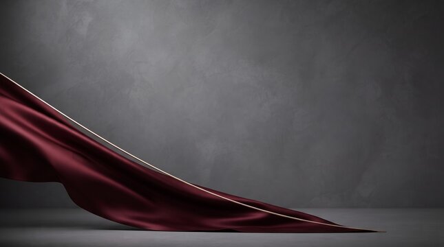 Elegant maroon drapery with golden trim against a dark gray textured background