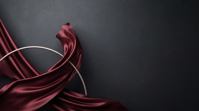 Elegant burgundy silk fabric draped with a golden circle on a dark background