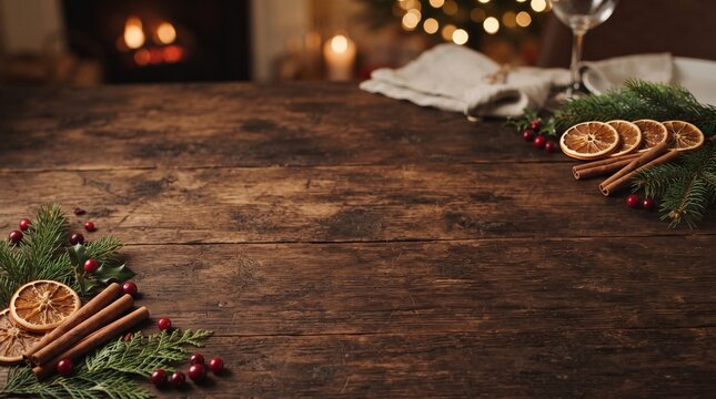 Festive christmas table setting with wooden surface and seasonal decorations for holiday celebrations