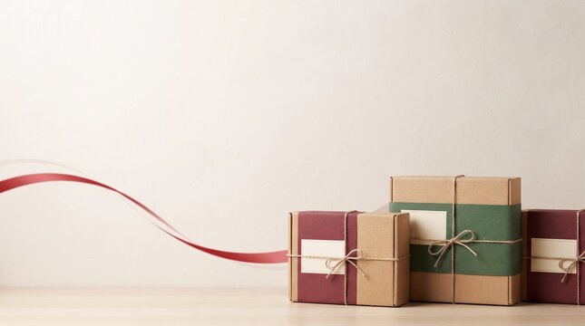 Wrapped gifts with red ribbon on a light beige background for holiday celebrations