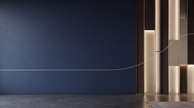 Modern interior wall design with warm lighting and dark blue background