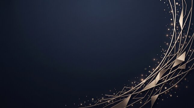 Abstract golden lines and sparkles on a dark navy background with negative space