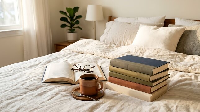 Cozy bedroom with stack of books, coffee, and open novel on white bedding