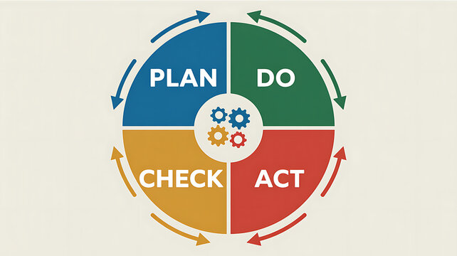 Pdca business cycle circular diagram with four colored quadrants labeled plan, do, check, and act with a central gear icon and circular arrows indicating continuous improvement and management process