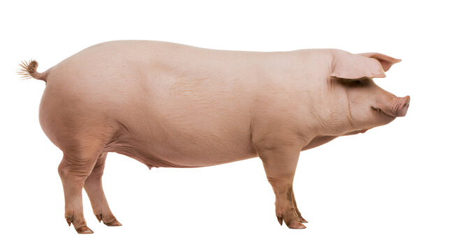 Large pink domestic pig standing in profile view