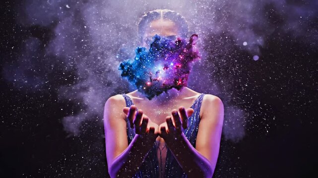 Woman wearing blue dress opens hand slowly. Magic galaxy explodes from head. Glowing space nebula covers woman's face. She releases strong magic cosmic energy. Glowing star fills cosmic galaxy.