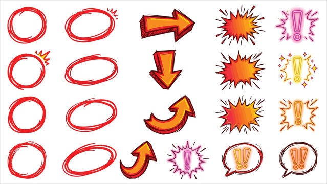 Funny clickbait vector elements pack with dramatic red circles pointing arrows and shock accents