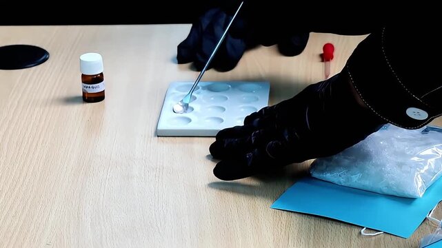 Laboratory technician conducts a drug screening test using a pipette, reagent bottle, and testing tray on a wooden table in a clinical laboratory environment today.