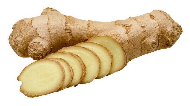 Fresh raw ginger root with several thin round slices