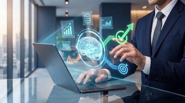 Artificial Intelligence Business Concept, Businessman Using Laptop With Hologram, Graphs And Brain Icon, Future Technology And Data Analysis Presentation