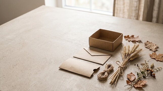 craft box cardboard container brown envelope stationery set gift wrapping eco friendly items sustainable goods rustic decor autumn leaves dried wheat botanical bunch twine string