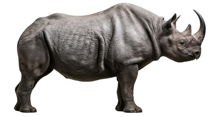 Large grey rhinoceros standing in profile with prominent horns and wrinkled skin © Isolde