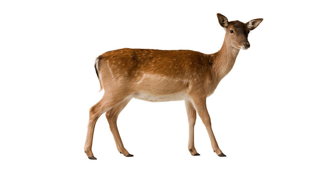 Young brown fallow deer standing in profile view