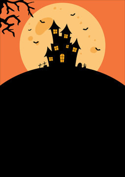halloween background with pumpkin, castle, witch, bats and ghost
