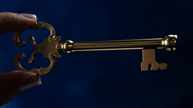 Hand holding an ornate antique key in a dark studio setting. Security advertising, privacy campaigns, and access control presentations.