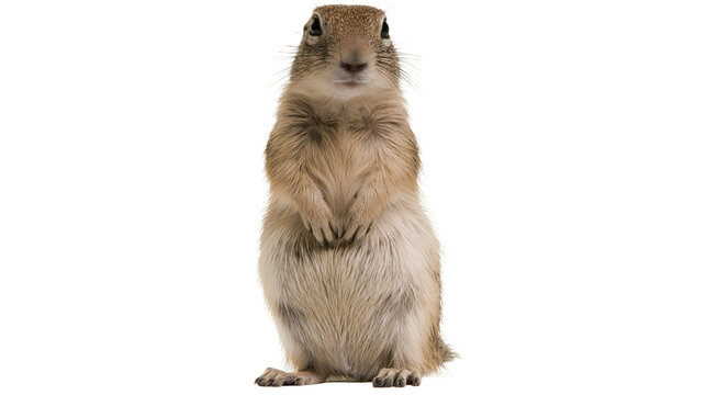 Standing European ground squirrel with brown fur and alert expression