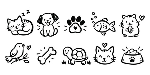 Cute hand drawn pets and veterinary doodle icons with cat dog hamster bird and fish © Gopal