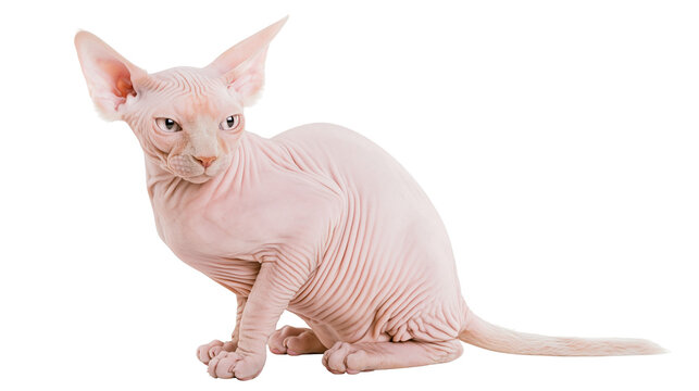 Pink Sphynx cat with wrinkled skin sitting and looking to the side