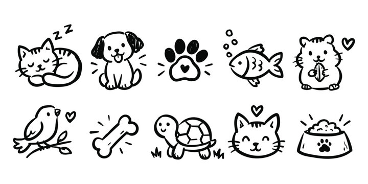 Cute hand drawn pets and veterinary doodle icons with cat dog hamster bird and fish