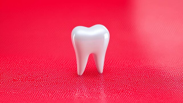 Animated white tooth symbol on a red textured surface for dental care concepts. Dental services, oral care campaigns, and healthcare advertising.
