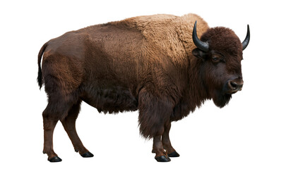 Large American bison standing in profile with thick brown fur and curved horns © Isolde