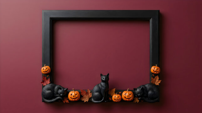 Halloween decorations frame with pumpkins and black cats