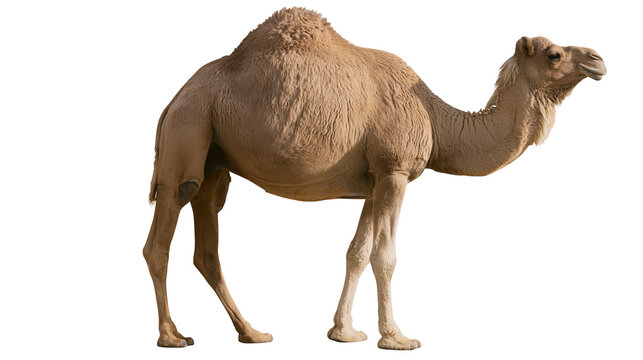 Full body side view of a brown dromedary camel standing