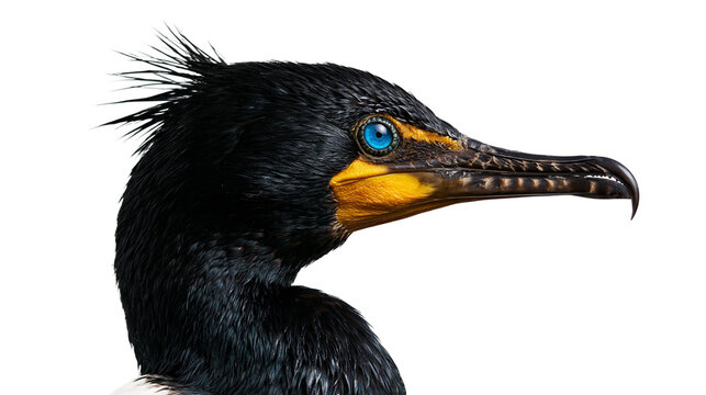 Profile portrait of a double-crested cormorant with bright blue eye and yellow beak