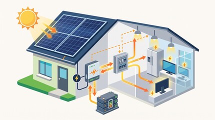 Isometric diagram of a residential solar power system showing energy flow from roof panels to home appliances. © Satya