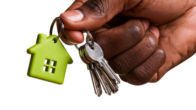 Hand holding a metal keyring with silver keys and a green house shaped keychain