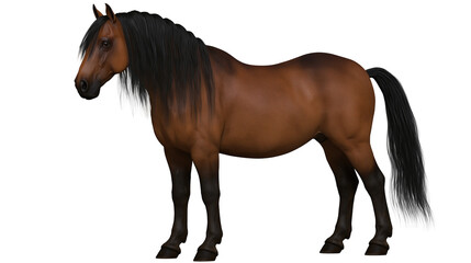Bay horse with long black mane and tail standing in profile © Isolde