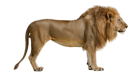 Majestic adult male lion standing in profile with thick golden brown mane © Isolde