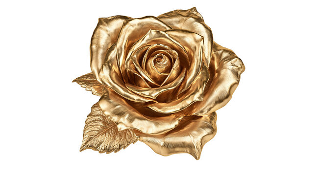 Metallic gold rose flower with detailed petals and leaves