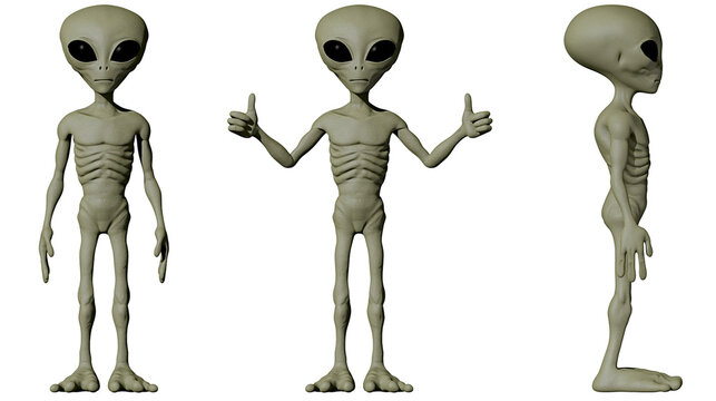 Grey alien character in front and side views with thumbs up gesture