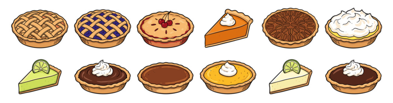 Set of various delicious sweet pies and tarts vector illustration.