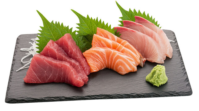 Fresh assorted sashimi platter with tuna salmon and yellowtail on slate plate