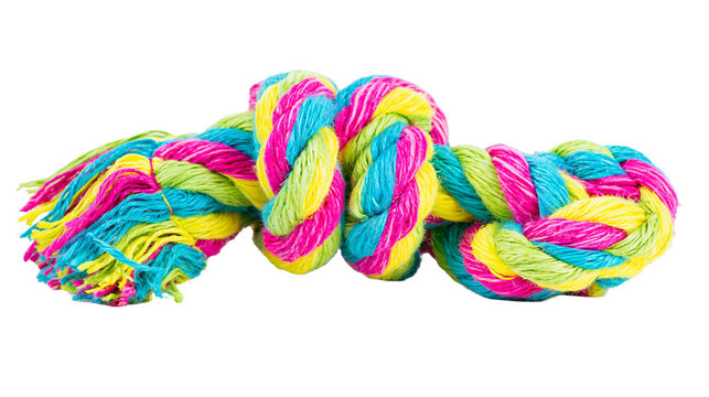Multi-colored braided cotton rope dog toy with knotted center