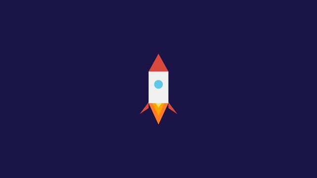 A minimalist flat design illustration of a white and red rocket ship launching upwards against a dark blue background, symbolizing progress or startup.