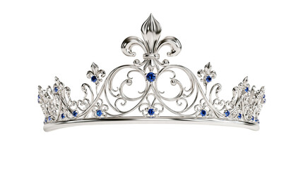 Silver tiara with fleur de lis motifs and embedded blue sapphire gemstones © Elowen