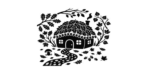 Obraz premium A charming black and white vector illustration of a quaint cottage covered with leaves, surrounded by autumn foliage and branches.