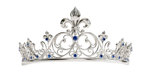 Silver tiara with fleur de lis motifs and embedded blue sapphire gemstones
