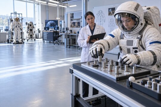 Astronaut testing spacesuit gloves with small metal components