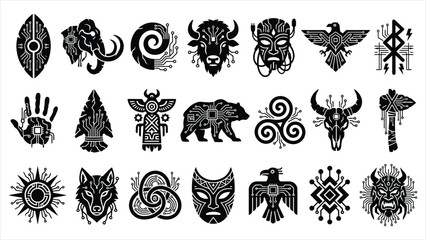 Obraz premium Prehistoric tribal cyberpunk vector totems with primitive stone textures and neon circuit patterns.