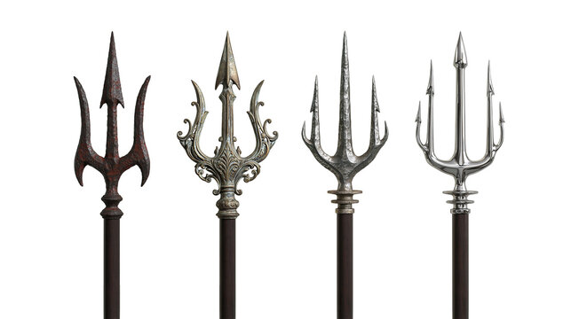 Four distinct metal tridents with ornate and weathered designs on wooden shafts