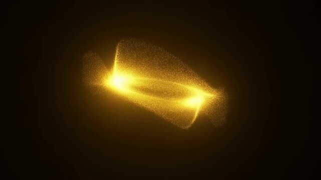 Golden particle ring rotates and morphs in abstract dark space. Technology presentations, energy campaigns, and science education.