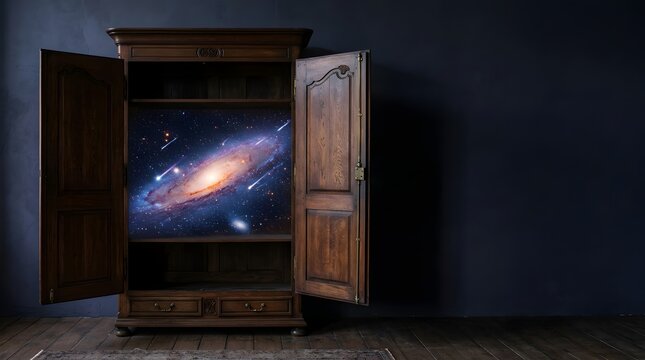 Antique wooden wardrobe opening to reveal a glowing deep space galaxy