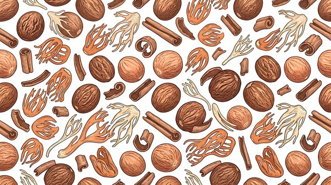 Nutmeg and Cinnamon Sticks Seamless Pattern on White Background.